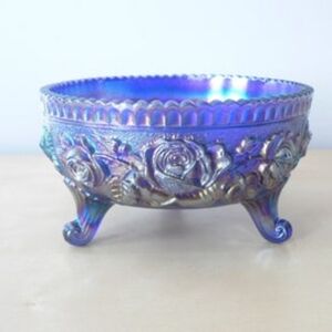 Iridescent Cobalt Blue Bowl - Embossed Rose Bowl - Carnival Glass OBO